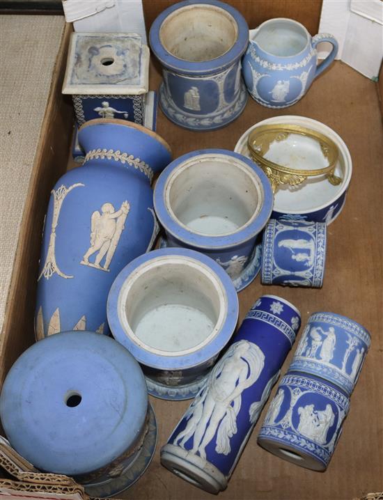 A collection of 19th century jasperware, tobacco jars, stands etc